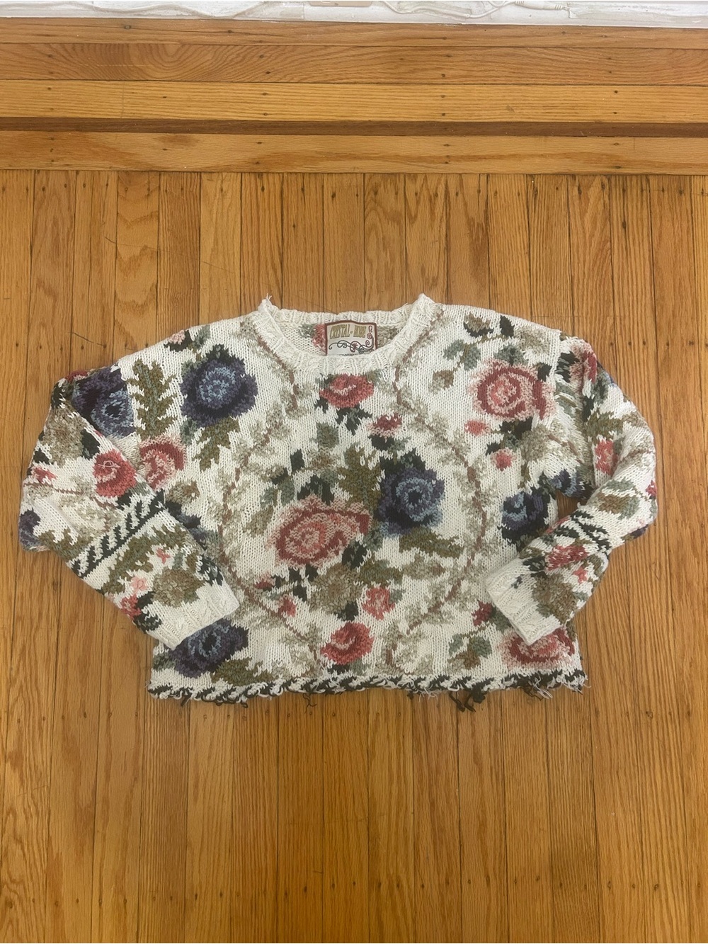 Vintage Cropped Floral Sweater, Distressed